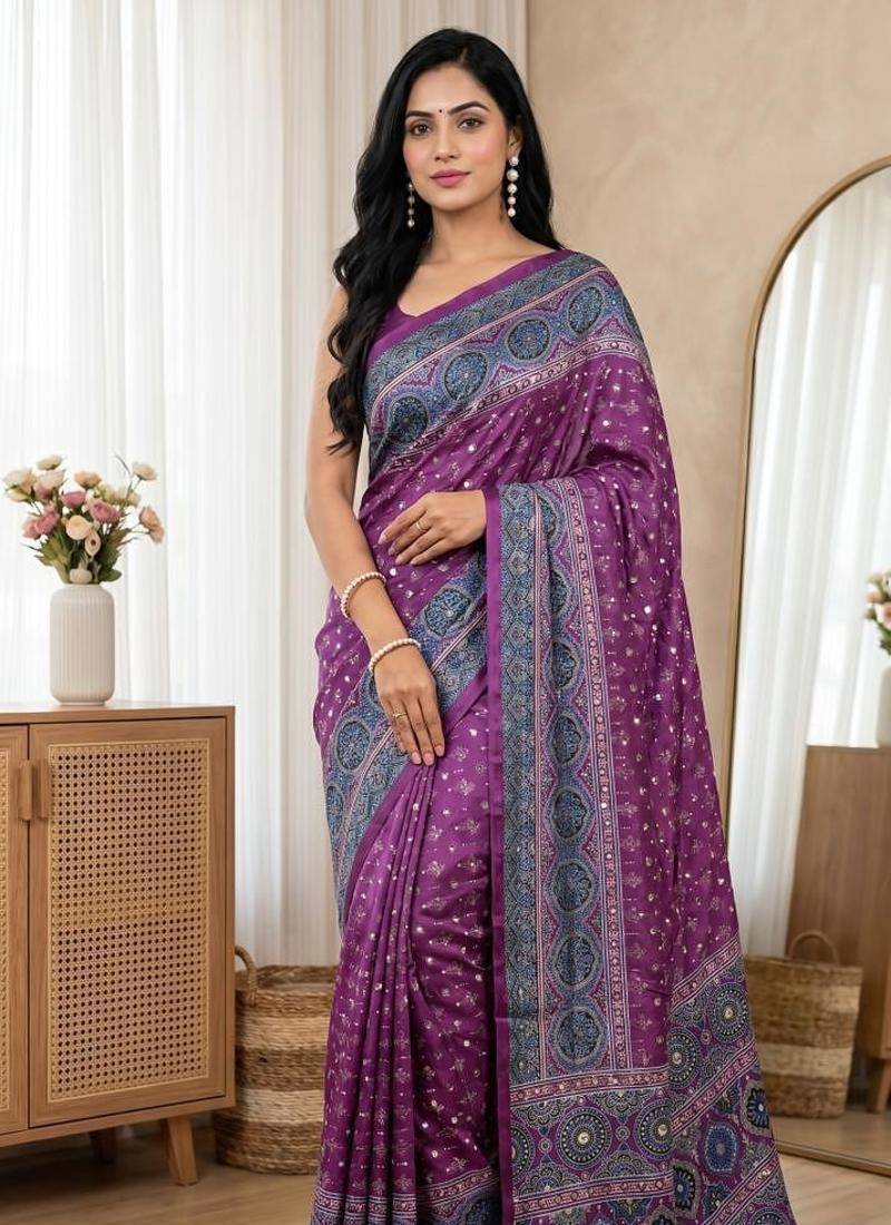 New Trending Soft Silk Blend With ajarakh Print And Real Mirrar Work Women's Saree With Blouse Set