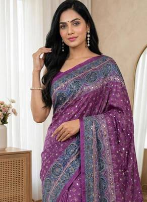 New Trending Soft Silk Blend With ajarakh Print And Real Mirrar Work Women's Saree With Blouse Set 2