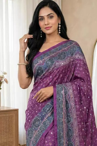 New Trending Soft Silk Blend With ajarakh Print And Real Mirrar Work Women's Saree With Blouse Set