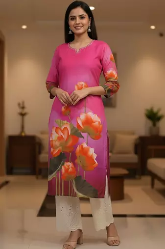 Pink women floral printed mirror work kurta