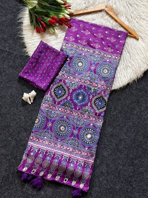 New Trending Soft Silk Blend With ajarakh Print And Real Mirrar Work Women's Saree With Blouse Set 3