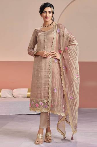 Pink color beautiful gold silk fabric designer embroidered suit