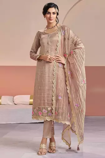 Pink color beautiful gold silk fabric designer embroidered suit