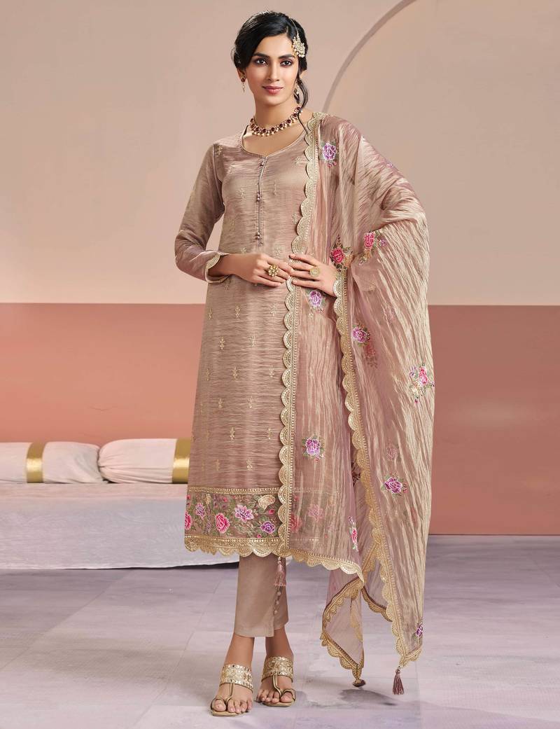 Pink color beautiful gold silk fabric designer embroidered suit