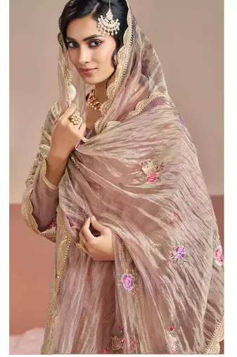 Pink color beautiful gold silk fabric designer embroidered suit