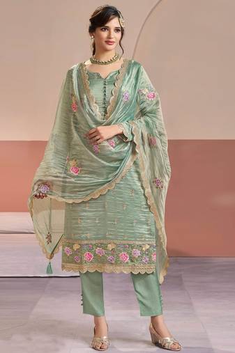 Sea green color beautiful gold silk fabric designer embroidered suit