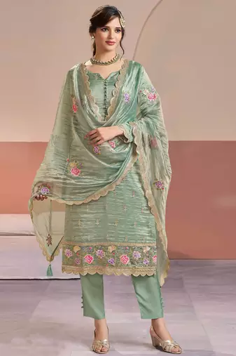 Sea green color beautiful gold silk fabric designer embroidered suit