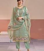 Sea green color beautiful gold silk fabric designer embroidered suit