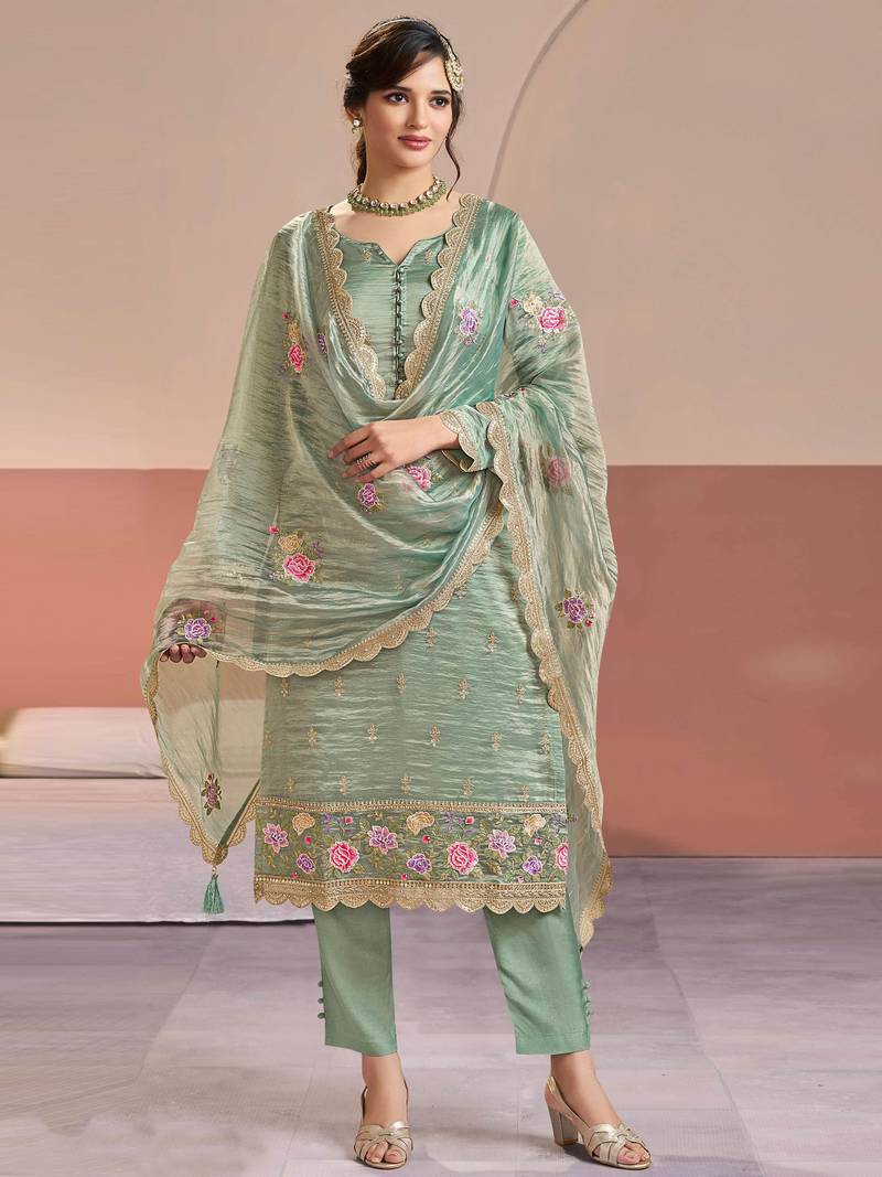 Sea green color beautiful gold silk fabric designer embroidered suit