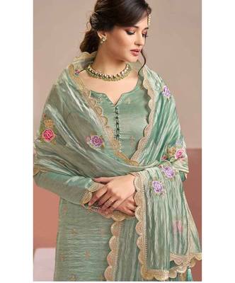 Sea green color beautiful gold silk fabric designer embroidered suit 2