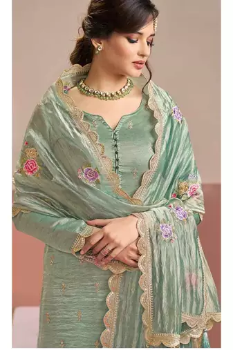 Sea green color beautiful gold silk fabric designer embroidered suit