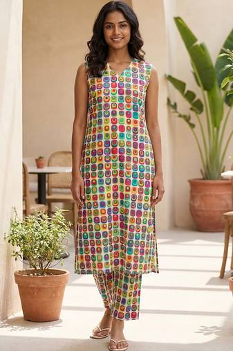 Cream women printed regular multicolor color pure cotton kurta with trousers