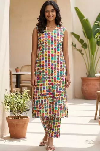 Cream women printed regular multicolor color pure cotton kurta with trousers