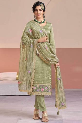 Pista color beautiful gold silk fabric designer embroidered suit