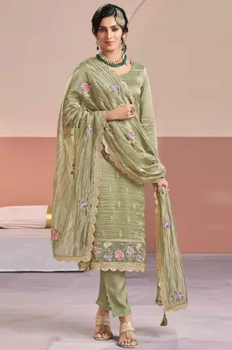 Pista color beautiful gold silk fabric designer embroidered suit