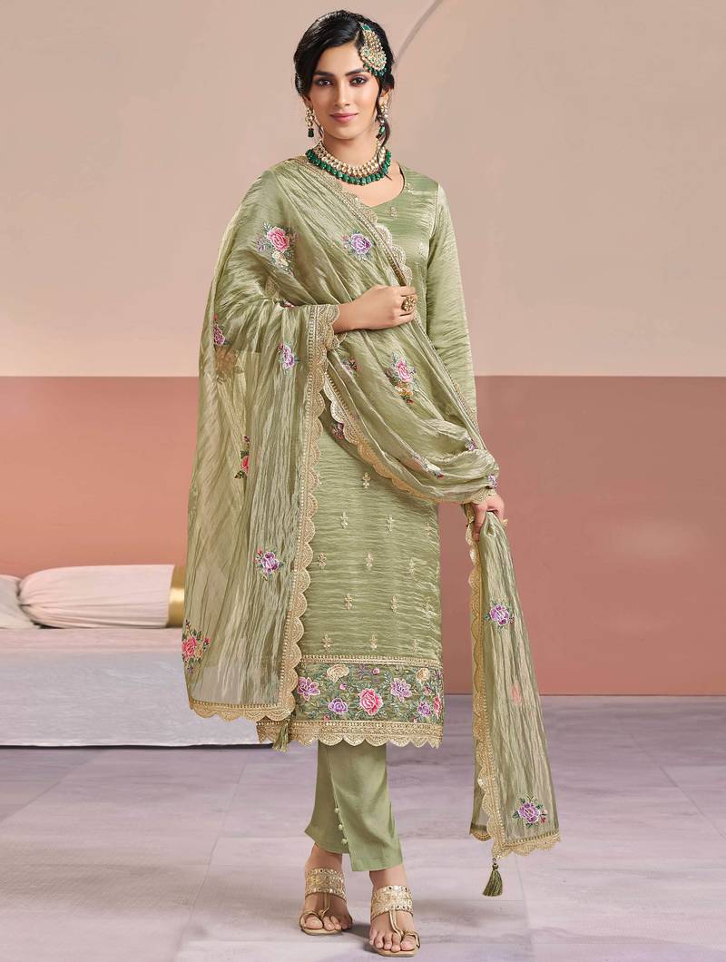 Pista color beautiful gold silk fabric designer embroidered suit
