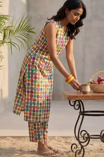 Cream women printed regular multicolor color pure cotton kurta with trousers