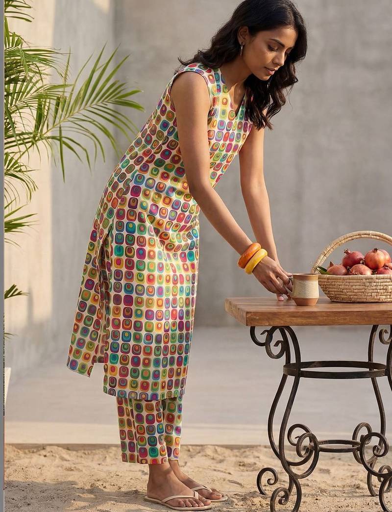 Cream women printed regular multicolor color pure cotton kurta with trousers