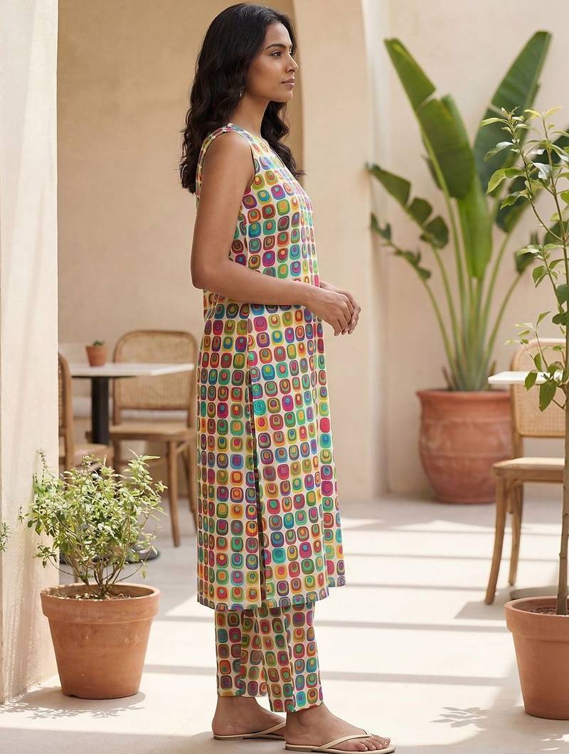 Cream women printed regular multicolor color pure cotton kurta with trousers
