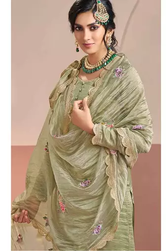 Pista color beautiful gold silk fabric designer embroidered suit