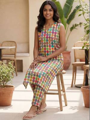 Cream women printed multicolor color cotton kurta with trousers 4