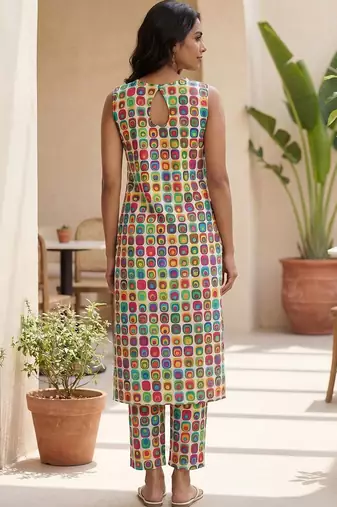 Cream women printed regular multicolor color pure cotton kurta with trousers