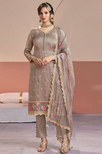 Grey color beautiful gold silk fabric designer embroidered suit