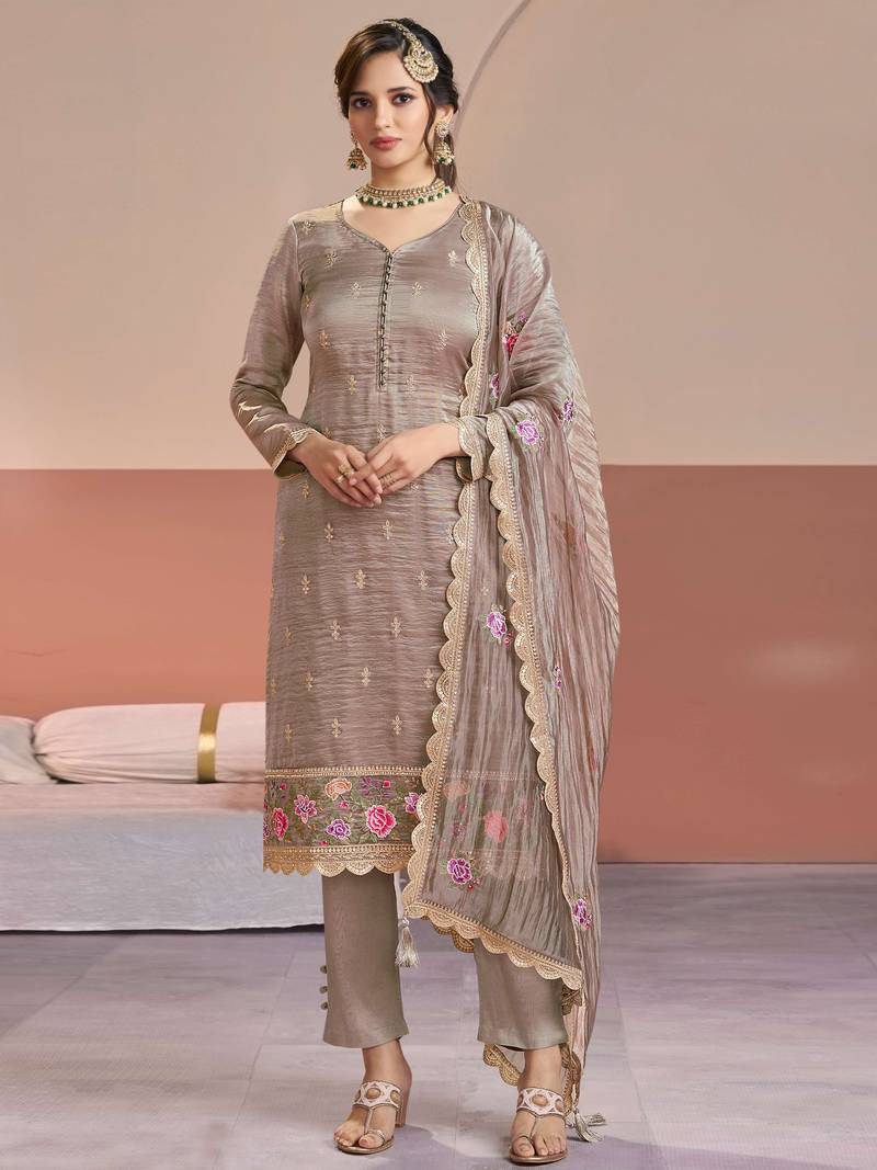 Grey color beautiful gold silk fabric designer embroidered suit