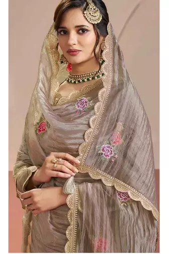 Grey color beautiful gold silk fabric designer embroidered suit