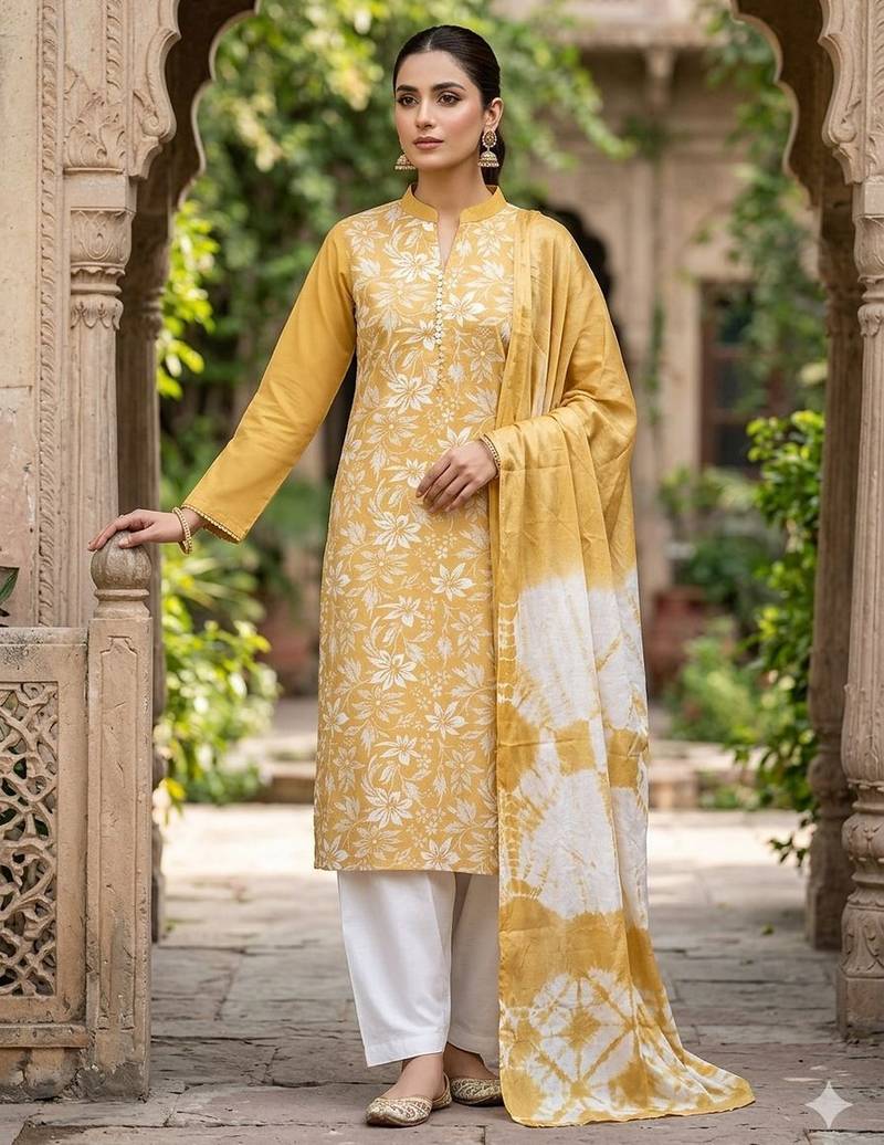 Mustard color designer printed ethnic partywear salwar kameez