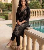 Black women floral embroidered regular thread work kurta with trousers