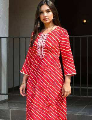 Red leheriya printed mirror work cotton straight kurta 1