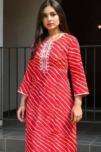 Red leheriya printed mirror work cotton straight kurta