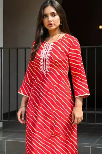 Red leheriya printed mirror work cotton straight kurta
