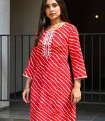 Red leheriya printed mirror work cotton straight kurta