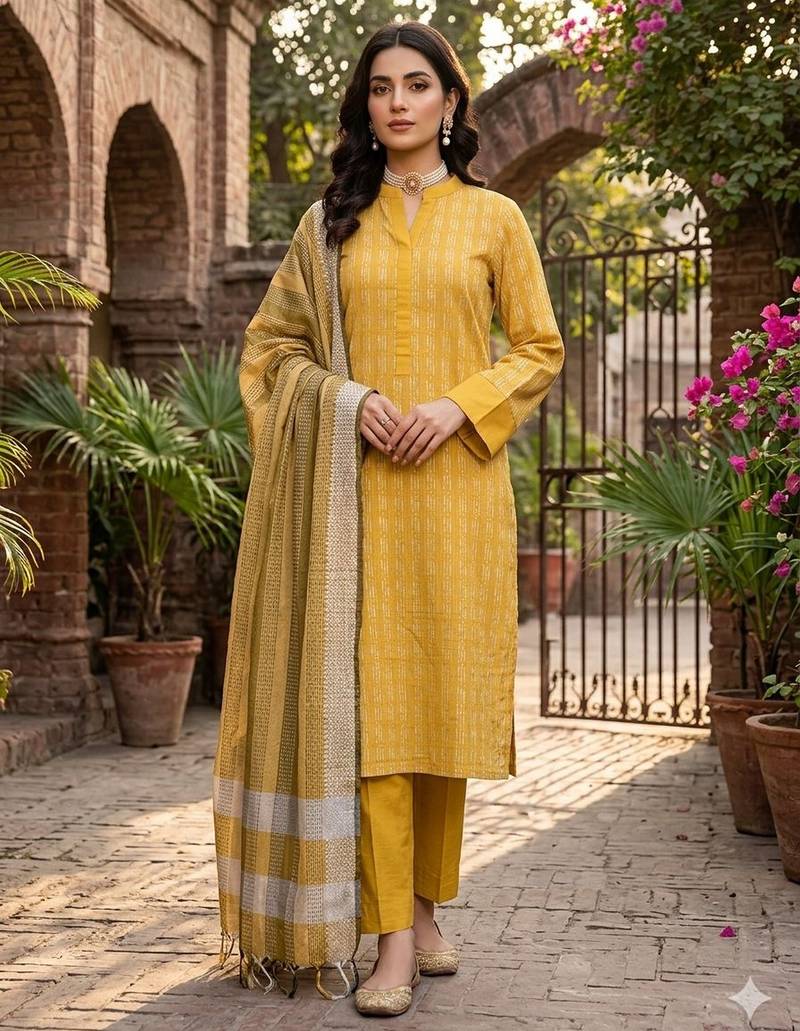 Yellow color wevon designer ethnic partywear salwar kameez
