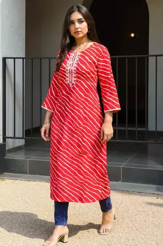 Red leheriya printed mirror work cotton straight kurta