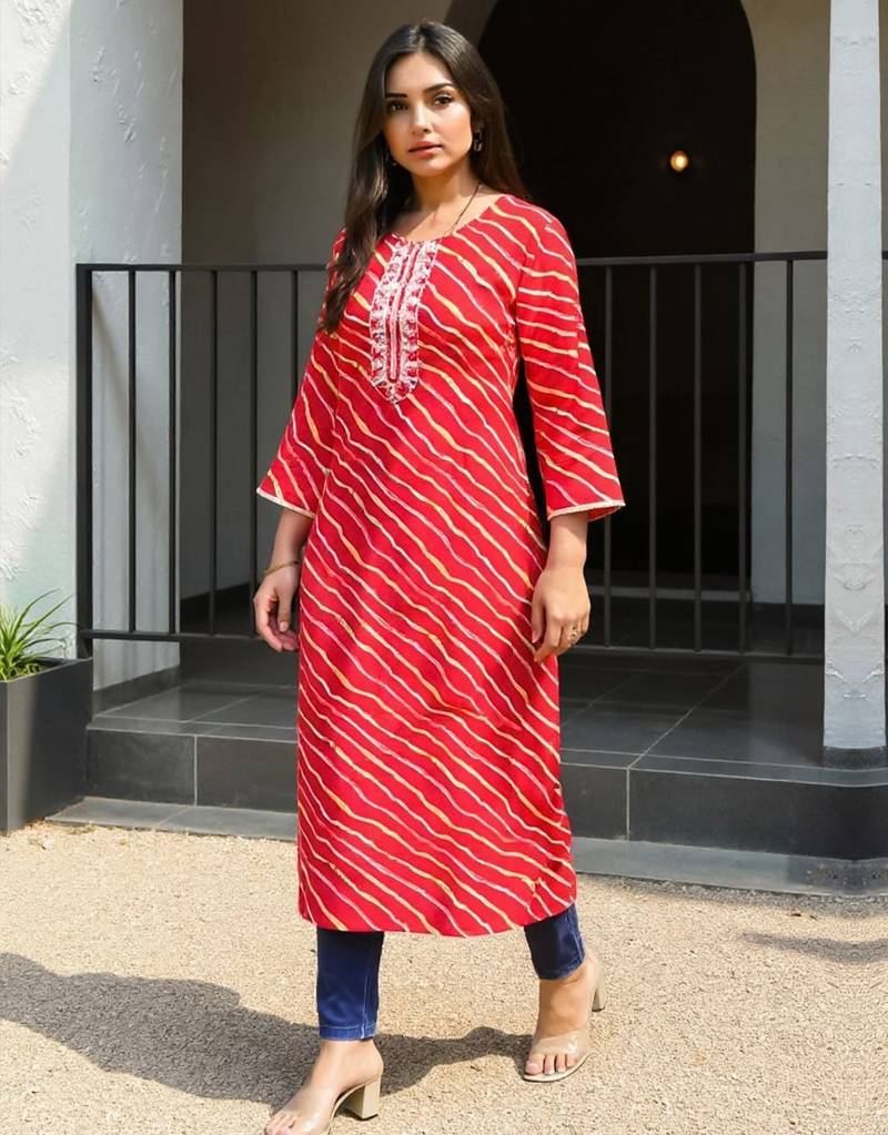 Red leheriya printed mirror work cotton straight kurta