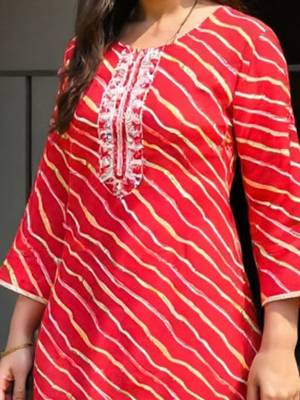 Red leheriya printed mirror work cotton straight kurta 3