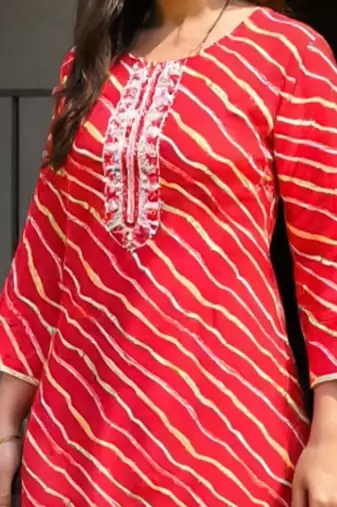 Red leheriya printed mirror work cotton straight kurta