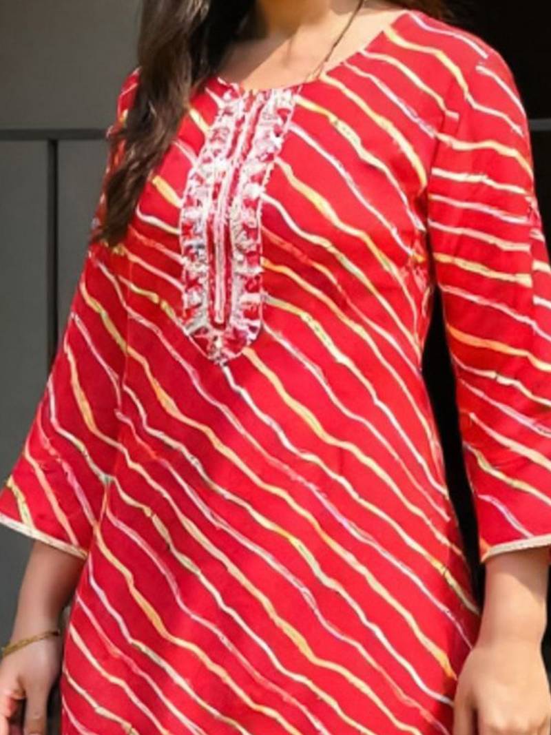 Red leheriya printed mirror work cotton straight kurta