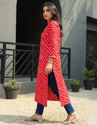 Red leheriya printed mirror work cotton straight kurta 4
