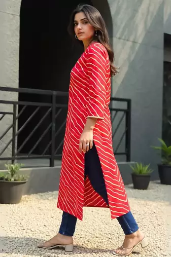 Red leheriya printed mirror work cotton straight kurta