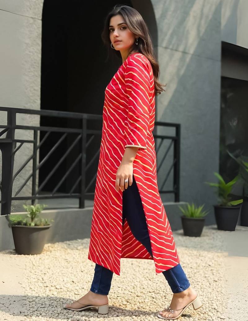 Red leheriya printed mirror work cotton straight kurta