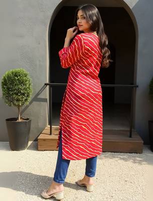 Red leheriya printed mirror work cotton straight kurta 5