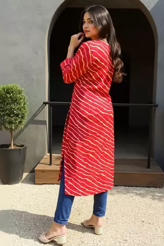 Red leheriya printed mirror work cotton straight kurta