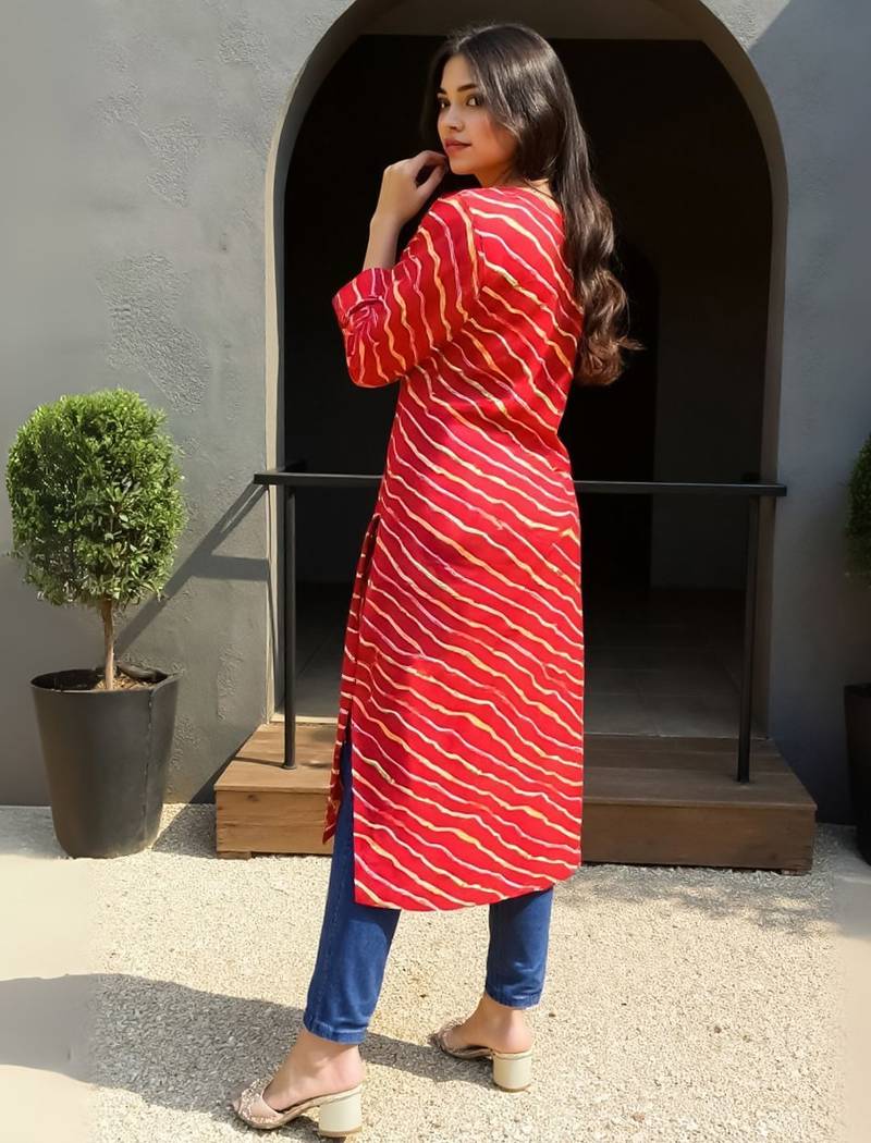 Red leheriya printed mirror work cotton straight kurta