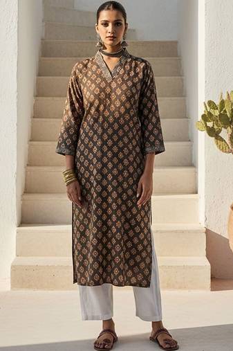 Grey women ethnic motifs printed sequinned kurta
