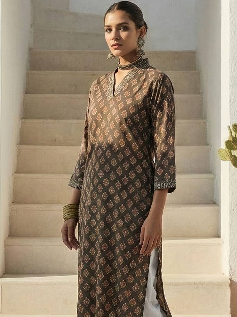 Grey women ethnic motifs printed sequinned kurta