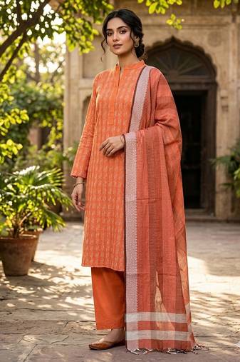 Orange color wevon designer ethnic partywear salwar kameez